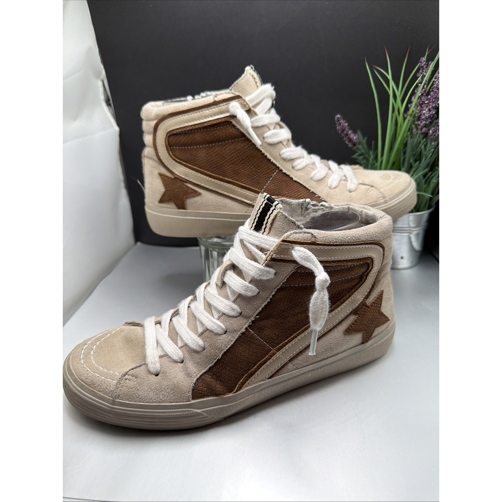 Shu Shop Roxette Women's Hi-Top Sneaker Beige Brown Suede Zip Star Size 8